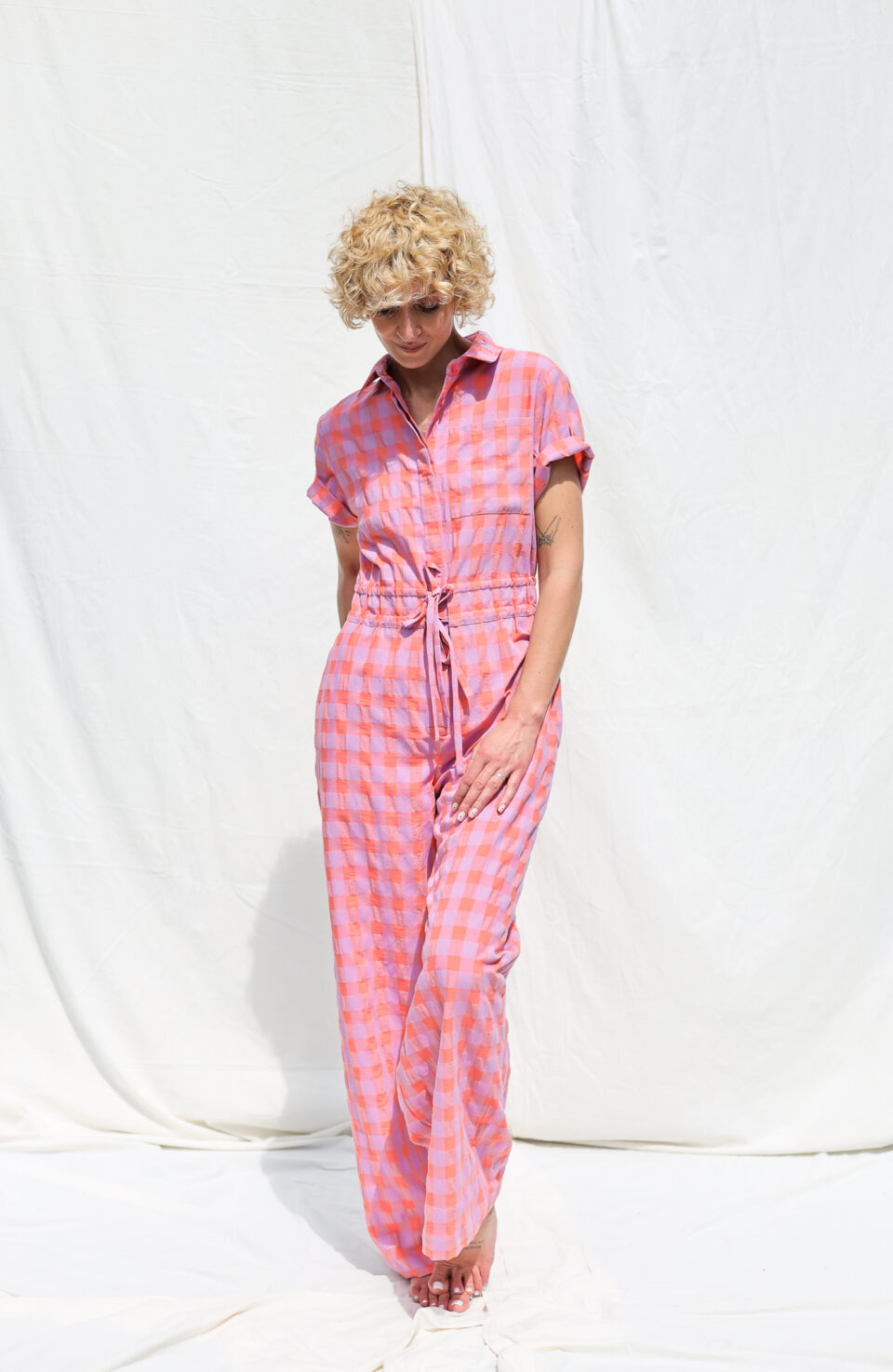 Seersucker checks short sleeved summer jumpsuit LENNY | Jumpsuit | Sustainable clothing | OffOn clothing