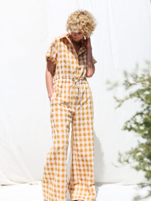 Seersucker gingham short sleeved jumpsuit LENNY | Jumpsuits | Sustainable clothing | OffOn clothing