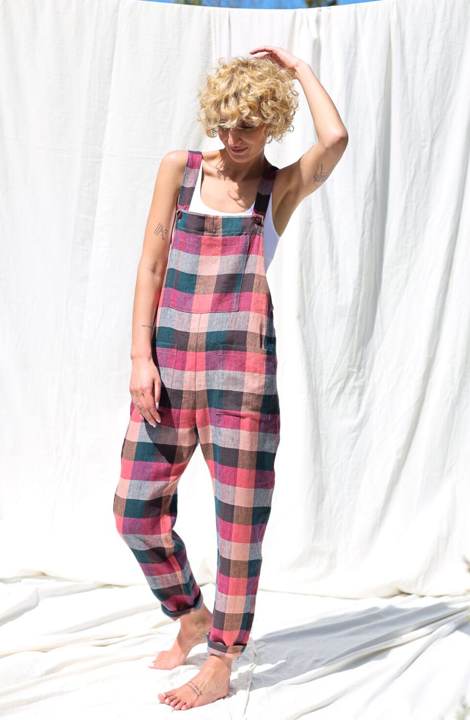 Linen dungaree in multicolored checks | Jumpsuits | Sustainable clothing | OffOn clothing