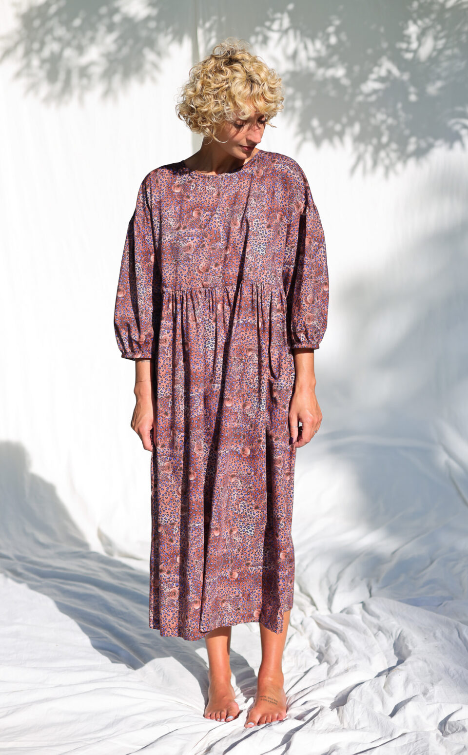 Leopard print puff sleeves silky cotton dress | Dress | Sustainable clothing | OffOn clothing