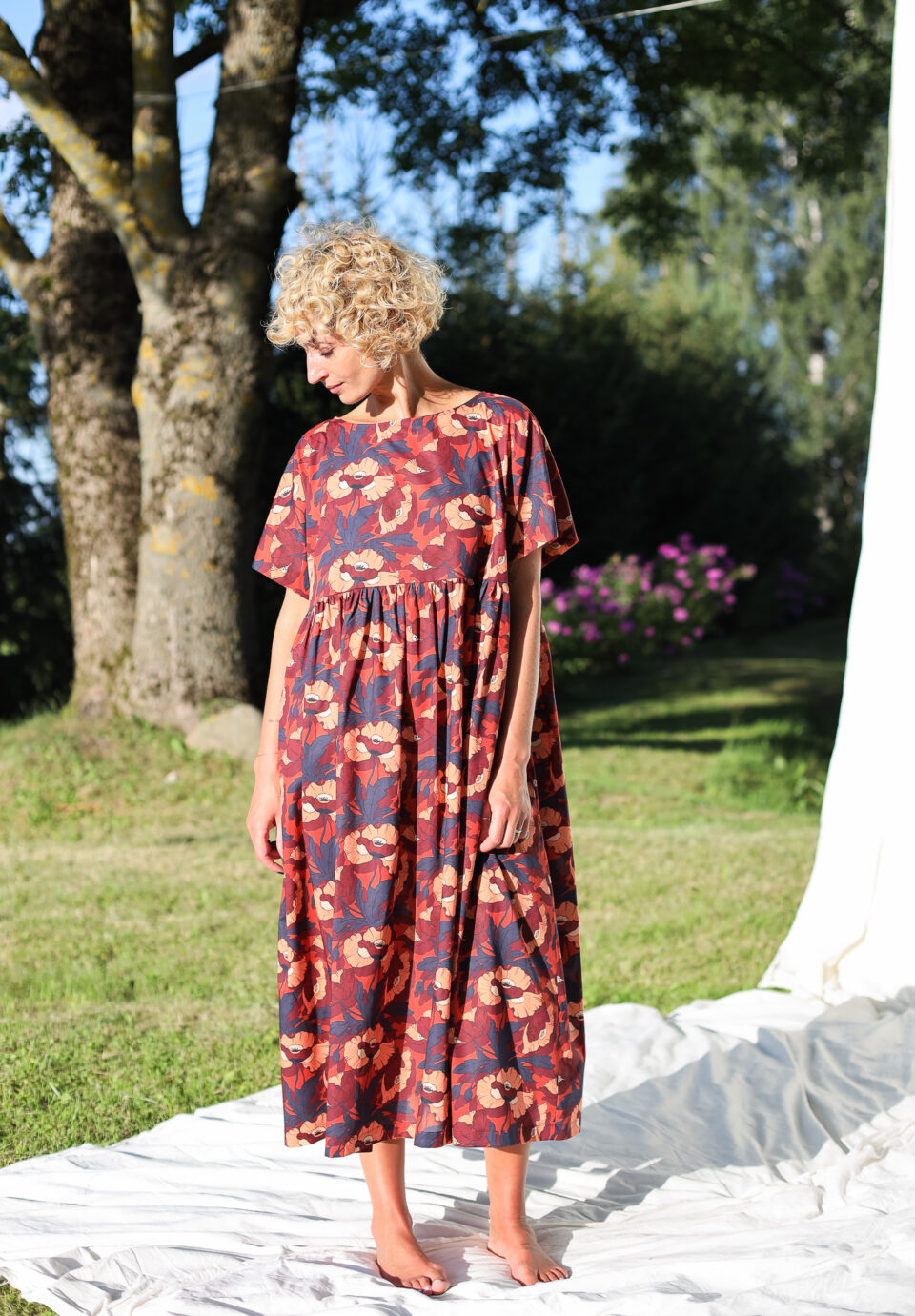 Oversized silky cotton poppy print dress SILVINA | Dress | Sustainable clothing | OffOn clothing