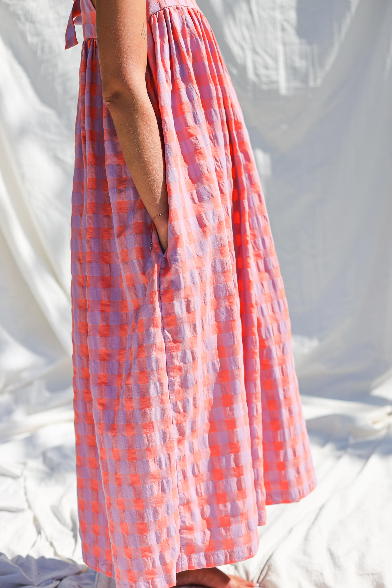 Anne Maxi Dress with Red Scallop Blue Seersucker