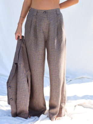 Pleated gingham linen palazzo trousers | Trousers | Sustainable clothing | OffOn clothing