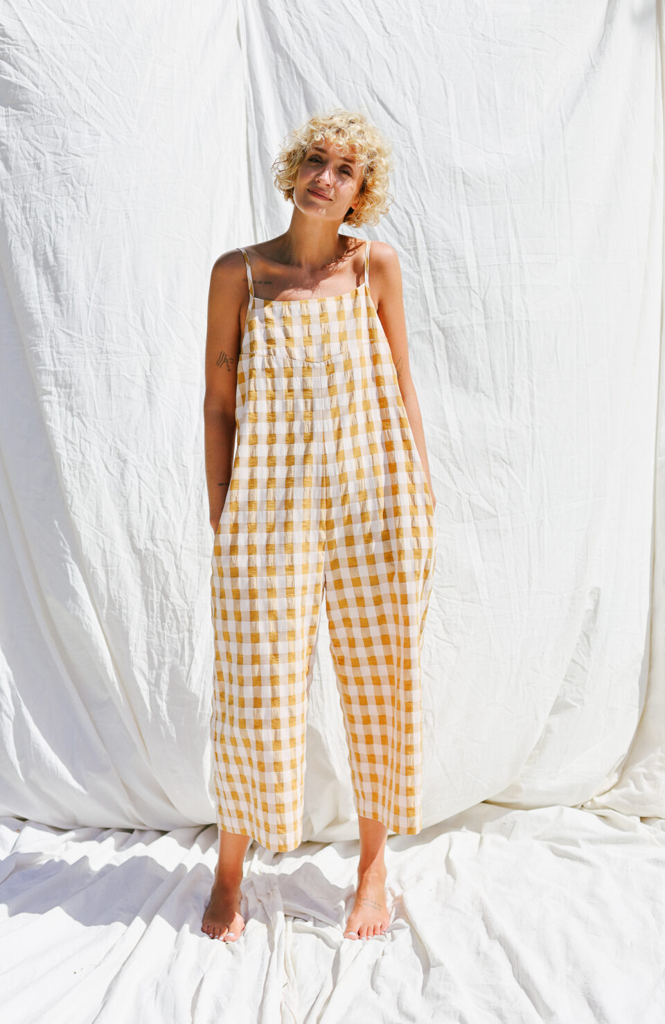 Spaghetti strap jumpsuit in seersucker gingham cotton ADA | Jumpsuits | Sustainable clothing | OffOn clothing