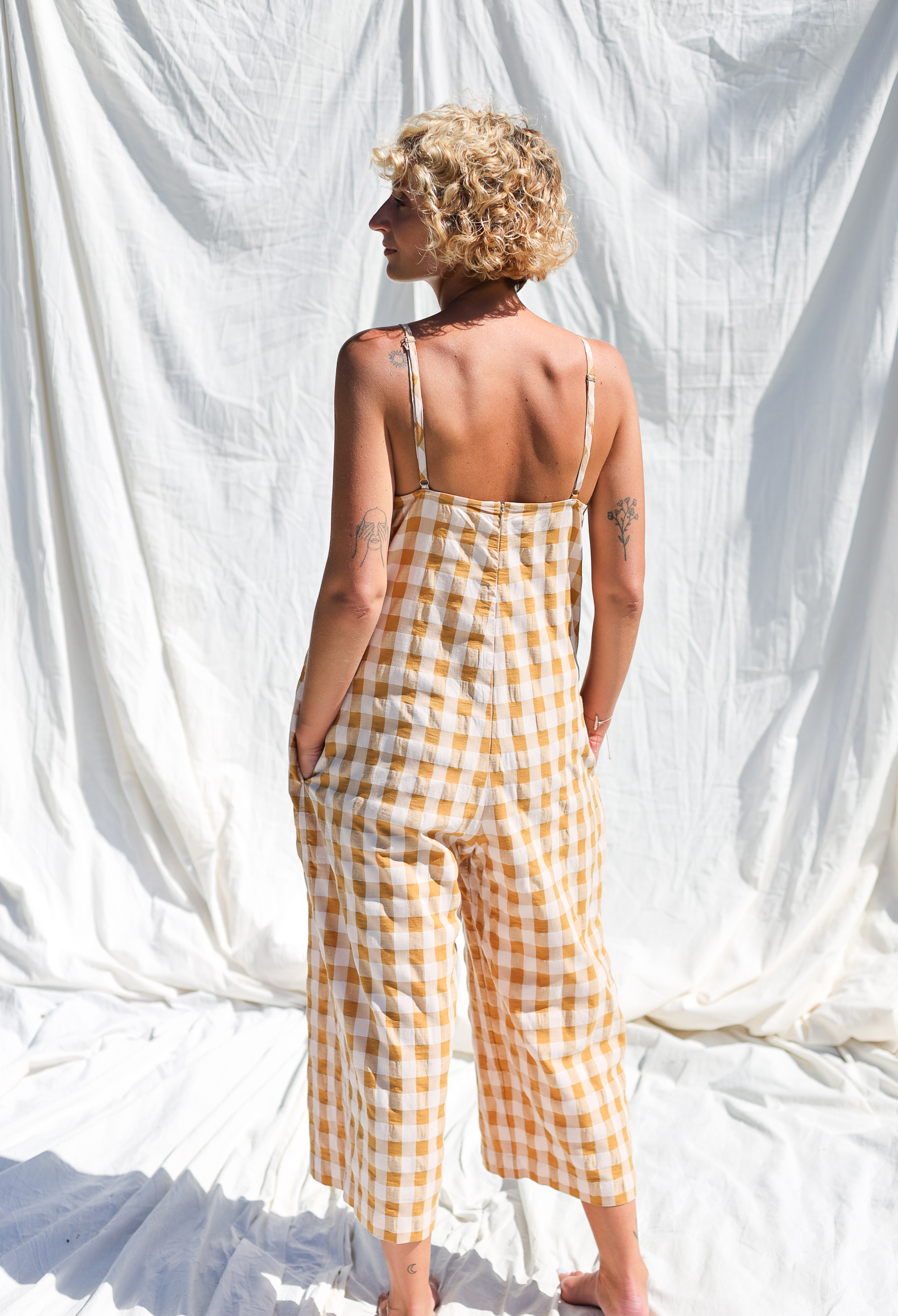 Spaghetti strap jumpsuit in seersucker gingham cotton ADA  OffOn