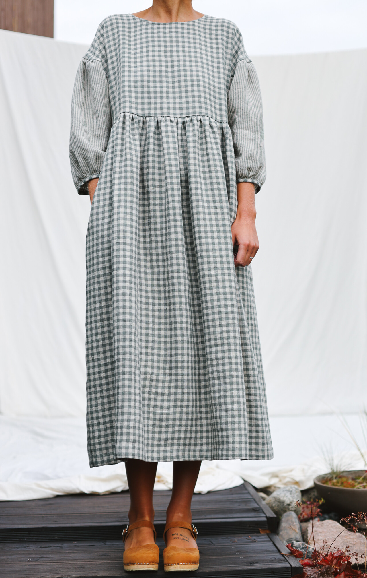 Gingham Linen Look Dress With Flowers