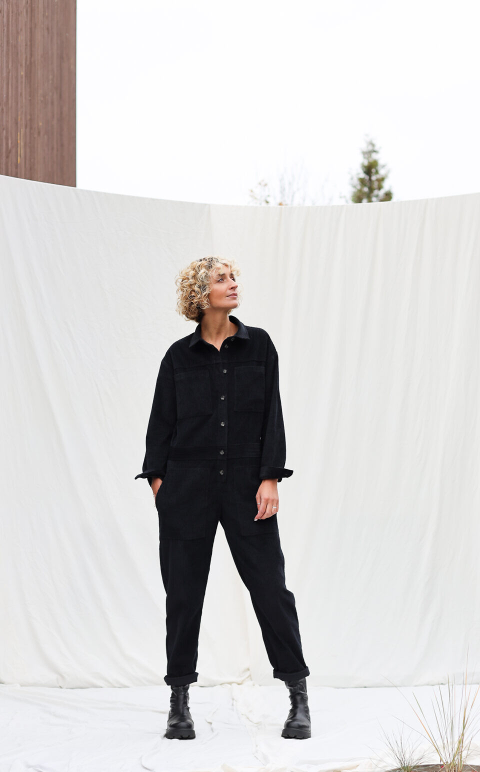Black cord long sleeve coverall AMBRE | Jumpsuits | Sustainable clothing | OffOn clothing