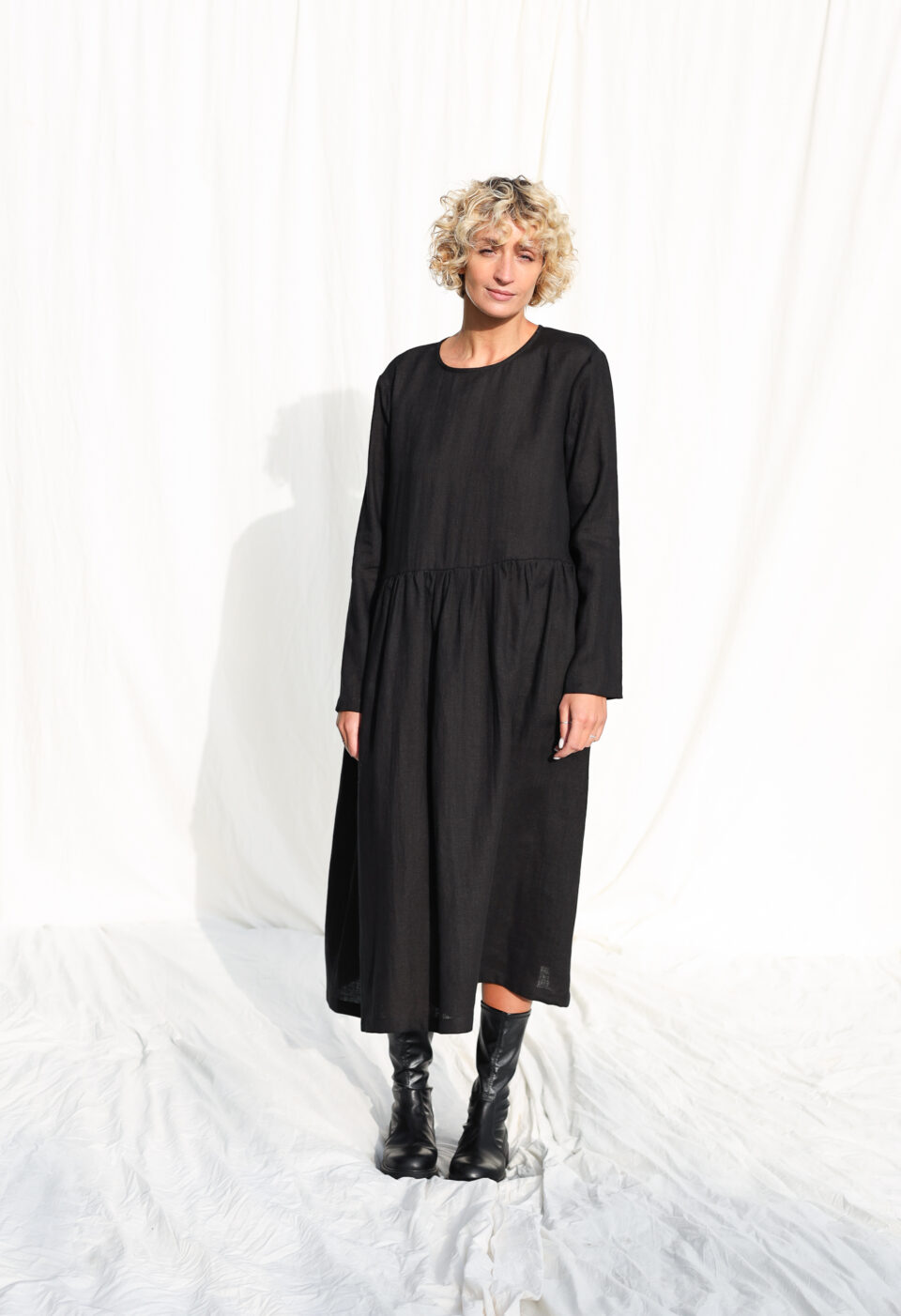 Black linen loose fit smock dress MILANA | Dress | Sustainable clothing | OffOn clothing
