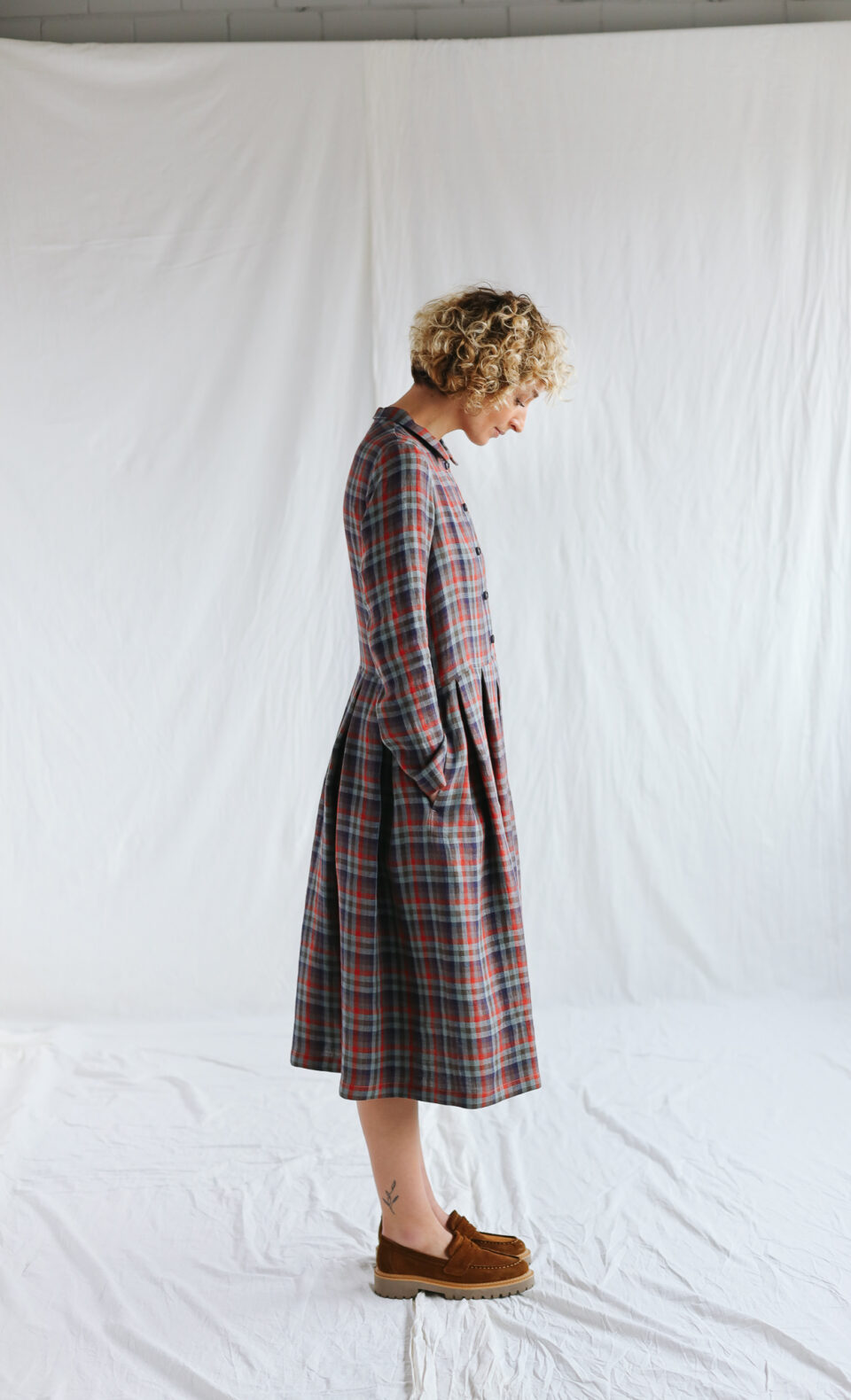 Plaid linen pleated skirt classic shirtdress | Dress | Sustainable clothing | OffOn clothing