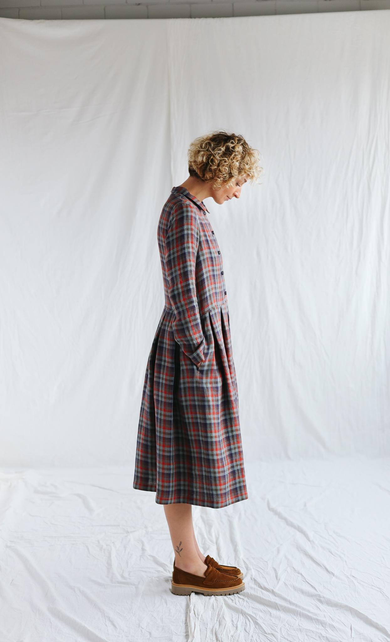 Gingham linen long sleeve loose fit dress • OFFON CLOTHING outlet