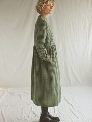 Gingham seersucker long sleeve grandad collar dress CORA | Dress | Sustainable clothing | OffOn clothing