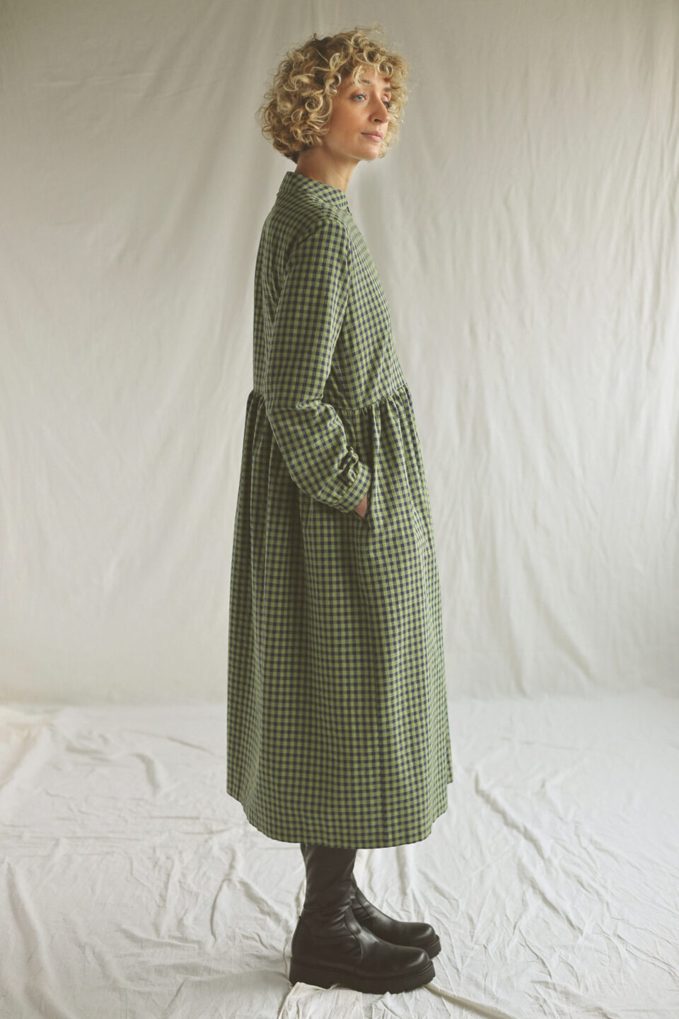 Gingham seersucker long sleeve grandad collar dress CORA | Dress | Sustainable clothing | OffOn clothing