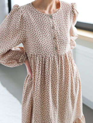 High waisted floral double gauze cotton dress FLEUR | Dress | Sustainable clothing | OffOn clothing