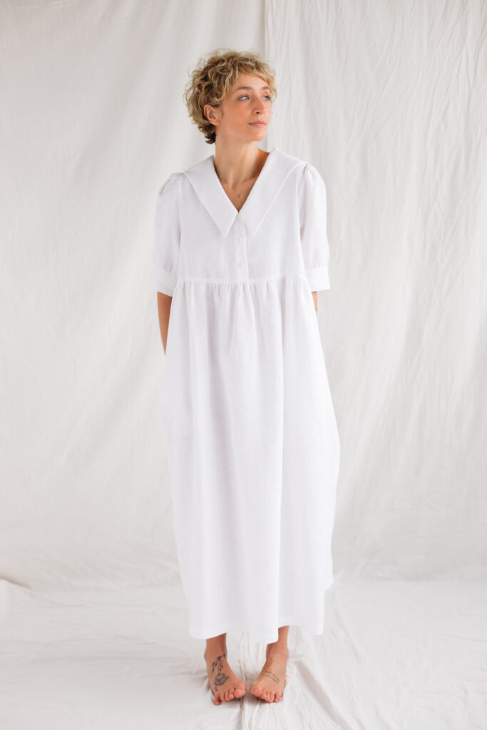 Sailor collar white linen dress AVRIL – OffOn