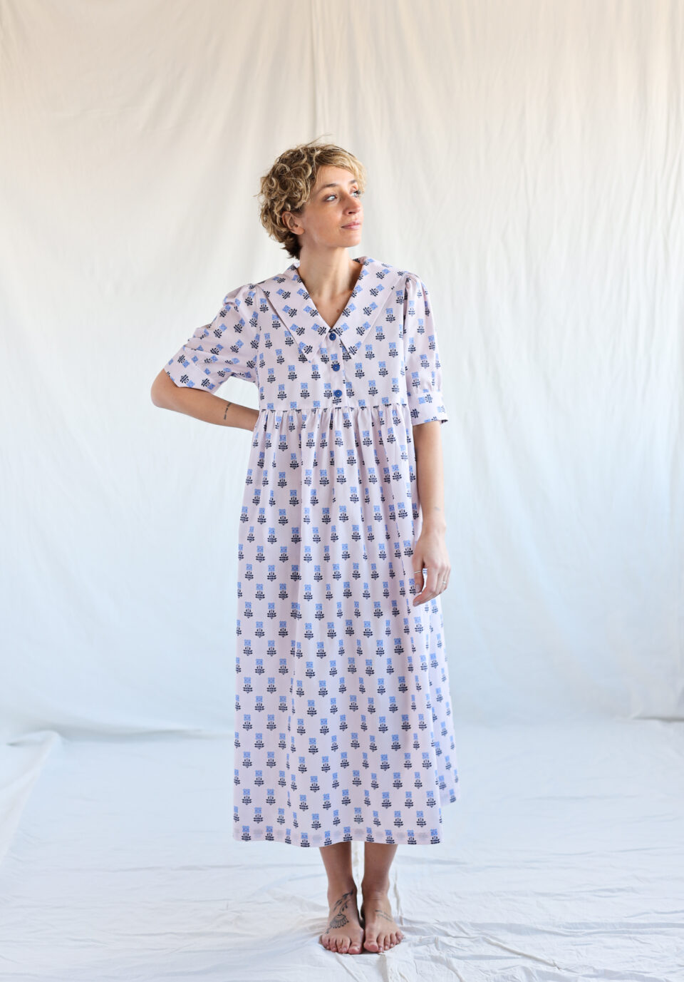 Sailor collar floral print loose fit dress CHARLES HOUSE | Dress | Sustainable clothing | OffOn clothing