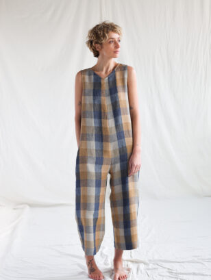 Sleeveless oversized multicolored checks linen jumpsuit MARTA | Dress | Sustainable clothing | OffOn clothing