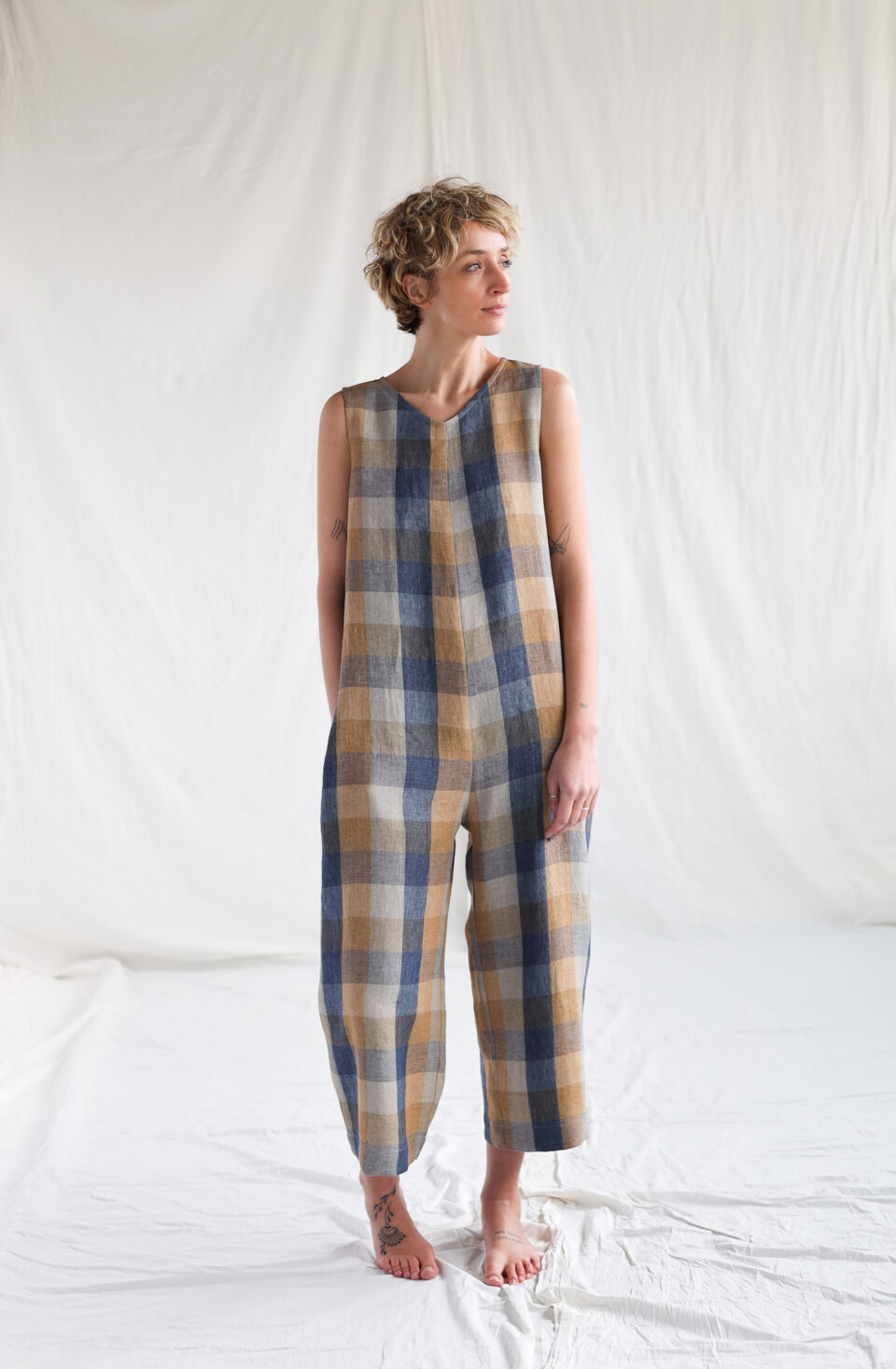 Sleeveless oversized multicolored checks linen jumpsuit MARTA | Dress | Sustainable clothing | OffOn clothing