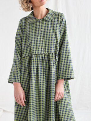 Loose Peter Pan collar olive gingham dress MELODY | Dress | Sustainable clothing | OffOn clothing
