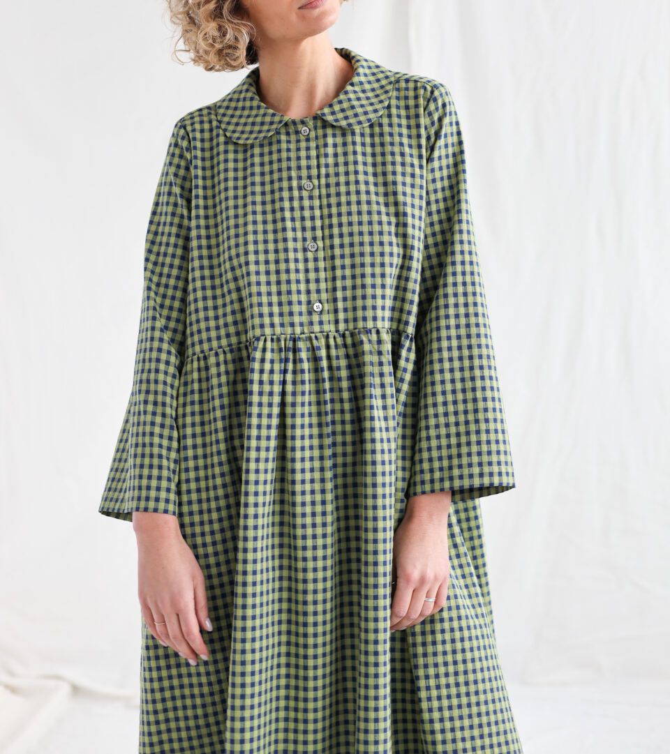 Loose Peter Pan collar olive gingham dress MELODY | Dress | Sustainable clothing | OffOn clothing