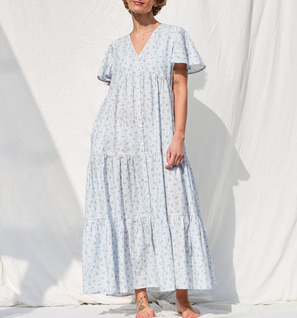 Tiered sky blue floral maxi dress GINA | Dress | Sustainable clothing | OffOn clothing