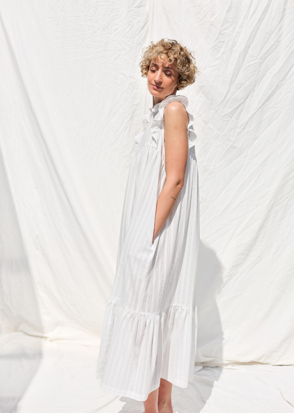 White plumetis flutter sleeves dress MONET – OffOn