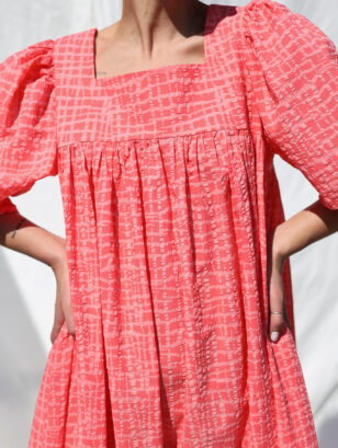 Loose square neck puffy sleeves Maxi dress ILANA in coral crinkle cotton| Dress | Sustainable clothing | OffOn clothing
