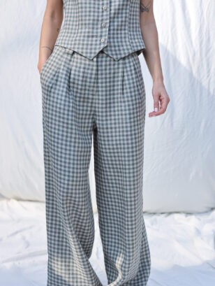 Pleated gingham linen palazzo trousers | Trousers | Sustainable clothing | OffOn clothing