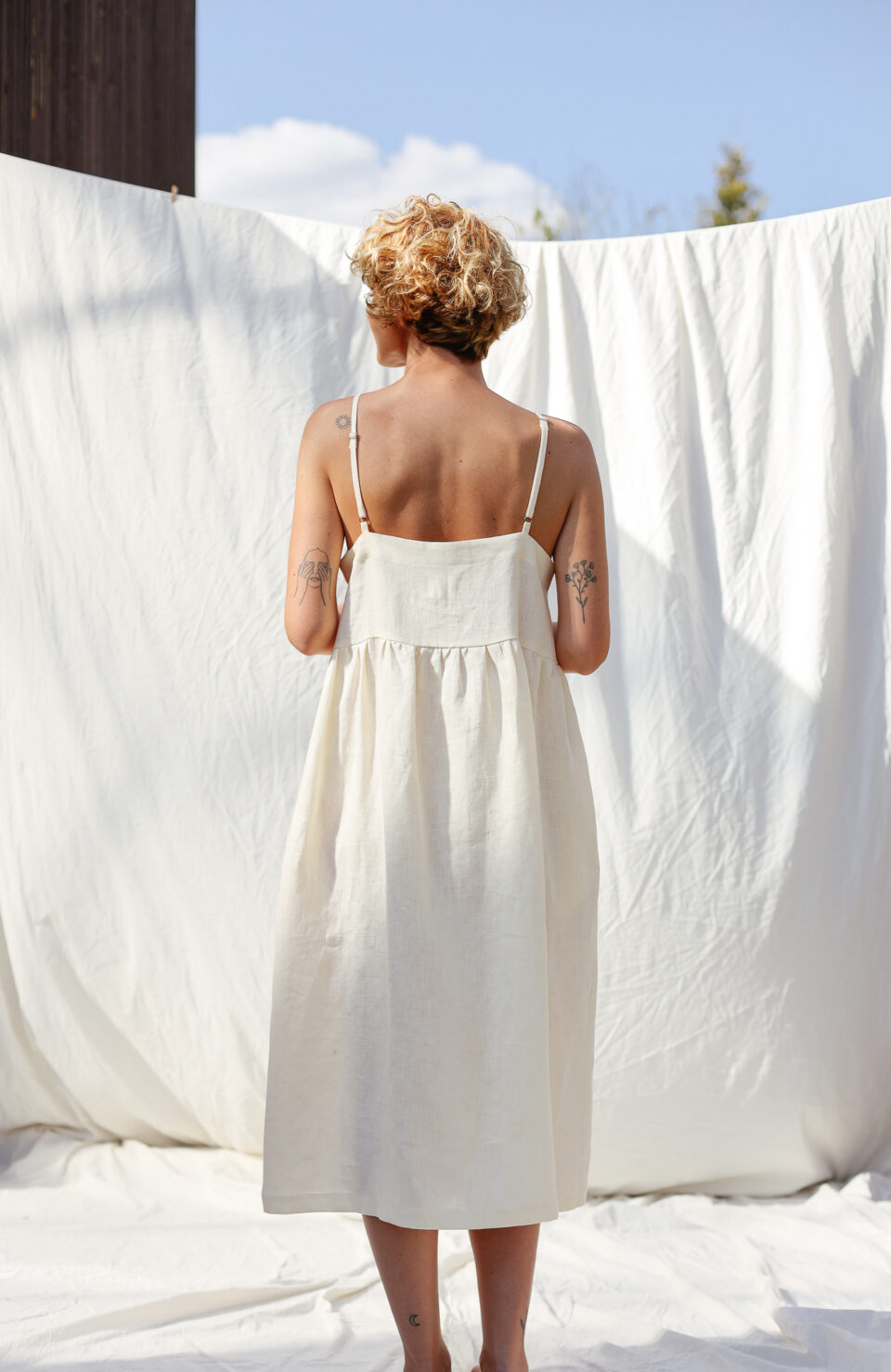 Adjustable straps summer linen dress ELOISE in ivory color