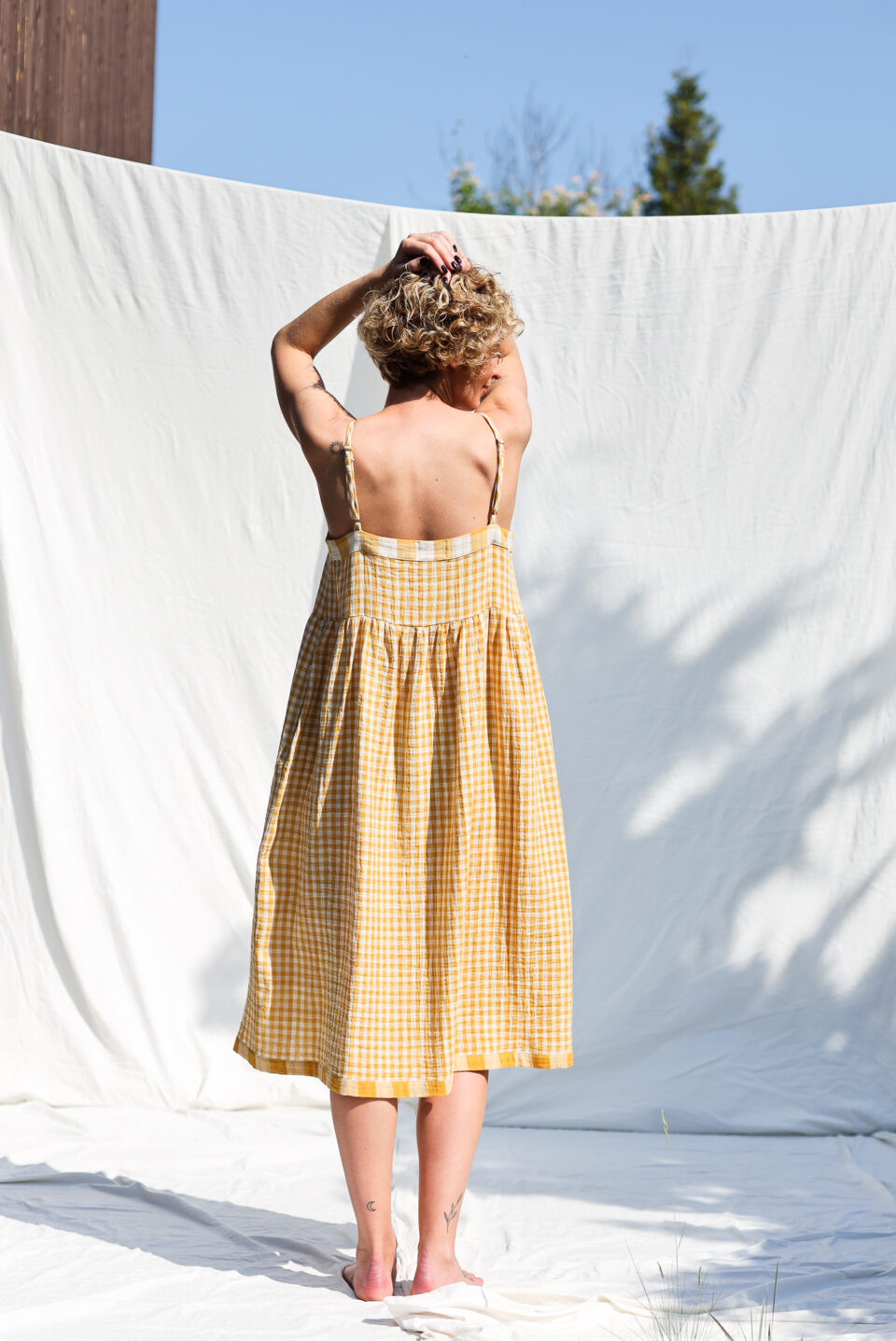 Double gauze cotton mustard checks summer dress ELOISE | Dress | Sustainable clothing | OffOn clothing