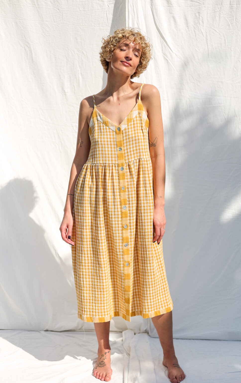 Double gauze cotton mustard checks summer dress ELOISE – OffOn