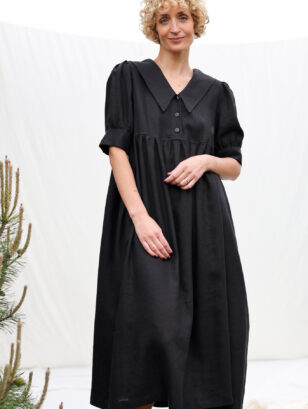 Loose sailor collar black linen dress AVRIL | Dress | Sustainable clothing | OffOn clothing