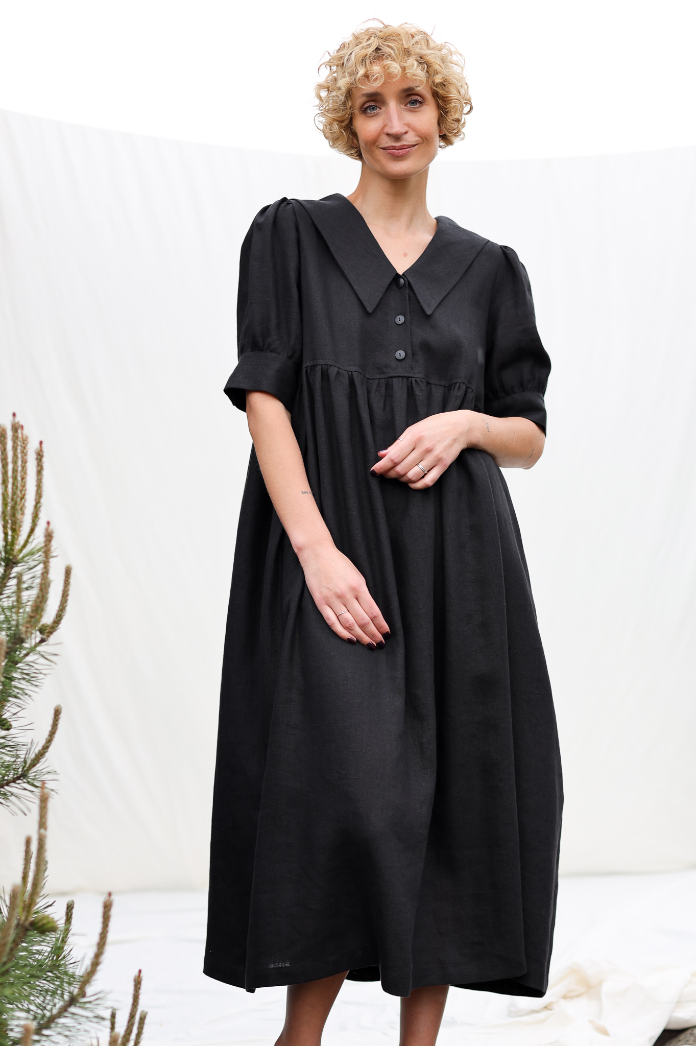 Loose sailor collar black linen dress AVRIL – OffOn