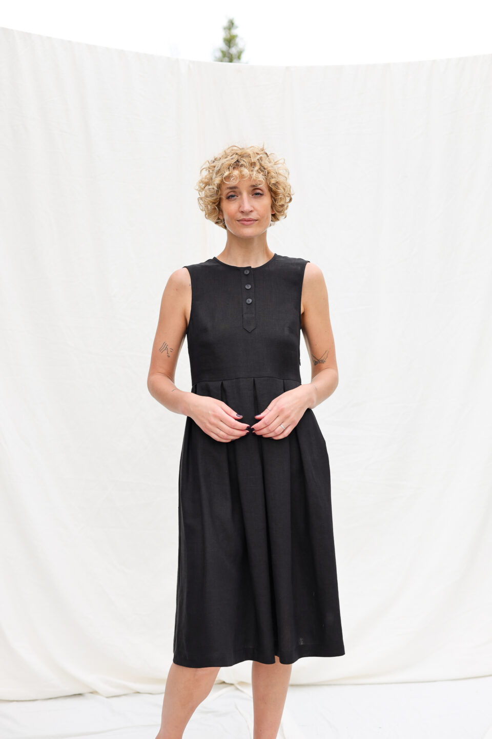 Sleeveless hand pleated skirt black linen dress JUNE | Dress | Sustainable clothing | OffOn clothing