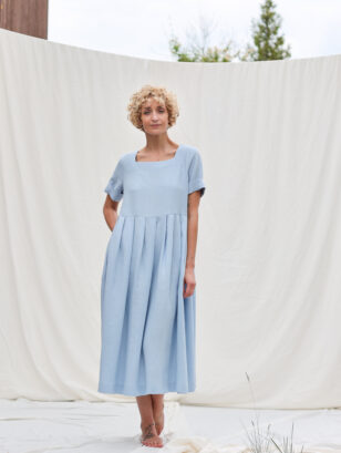 Sky blue linen square neck dress SANTA | Dress | Sustainable clothing | OffOn clothing