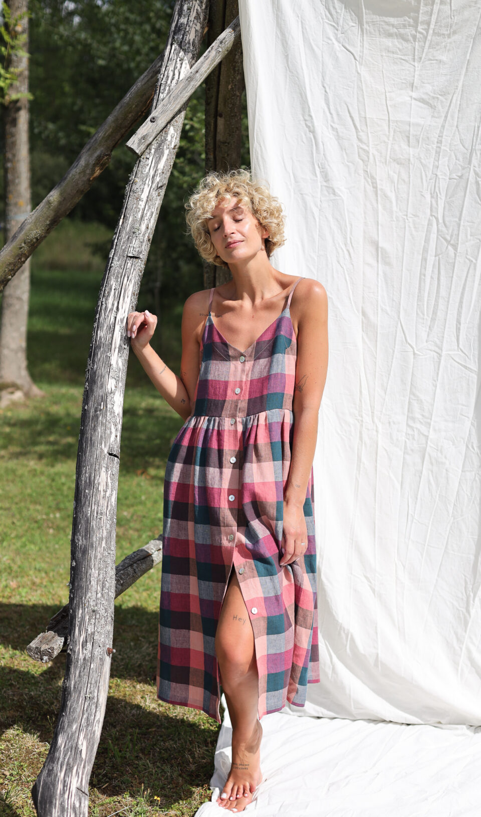 Adjustable straps checks linen dress ELOISE | Dress | Sustainable clothing | OffOn clothing