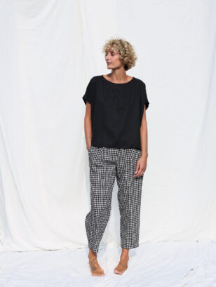 Gingham boxy seersucker cotton trousers | Trousers | Sustainable clothing | OffOn clothing