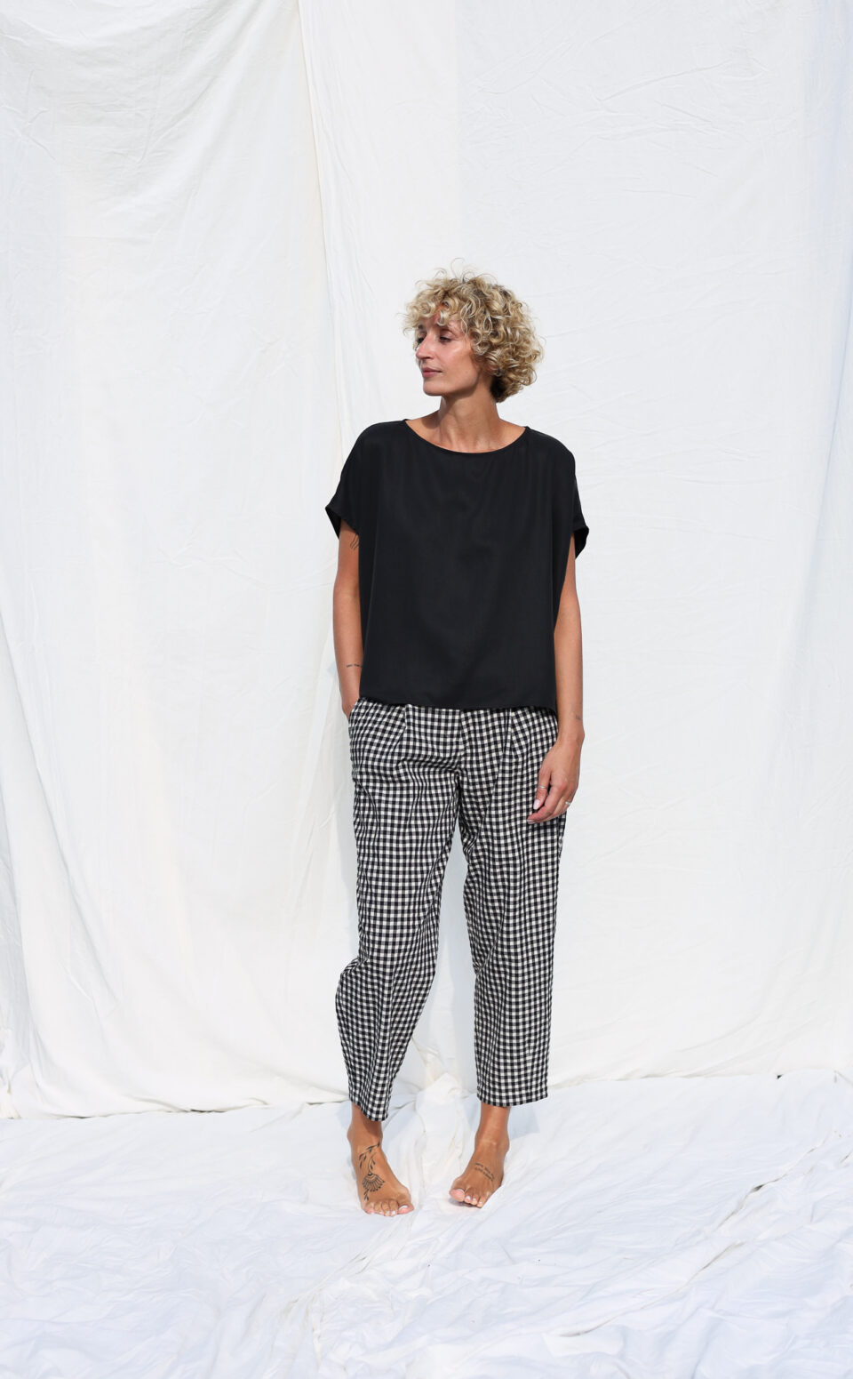 Gingham boxy seersucker cotton trousers | Trousers | Sustainable clothing | OffOn clothing