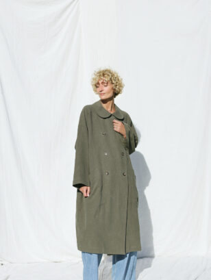 Heavy linen oversized coat in olive green color | Coat | Sustainable clothing | OffOn clothing