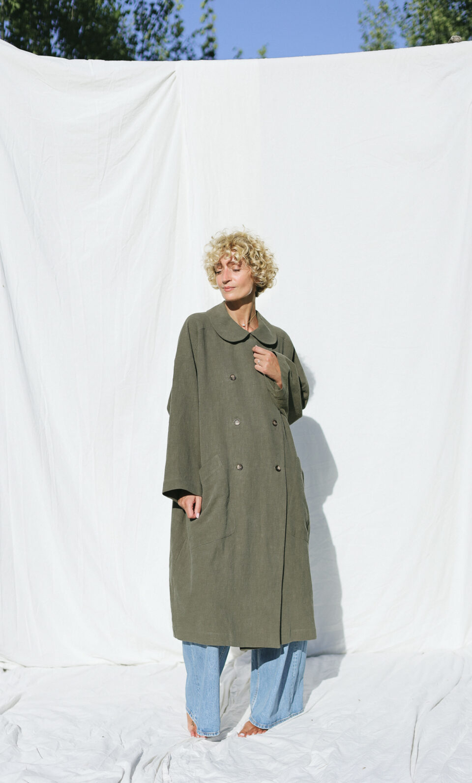 Heavy linen oversized coat in olive green color | Coat | Sustainable clothing | OffOn clothing