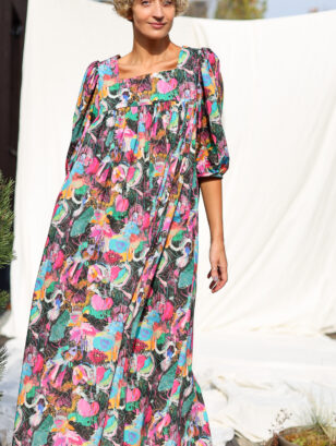 Maxi abstract print square neck puffy sleeves dress ILANA | Dress | Sustainable clothing | OffOn clothing