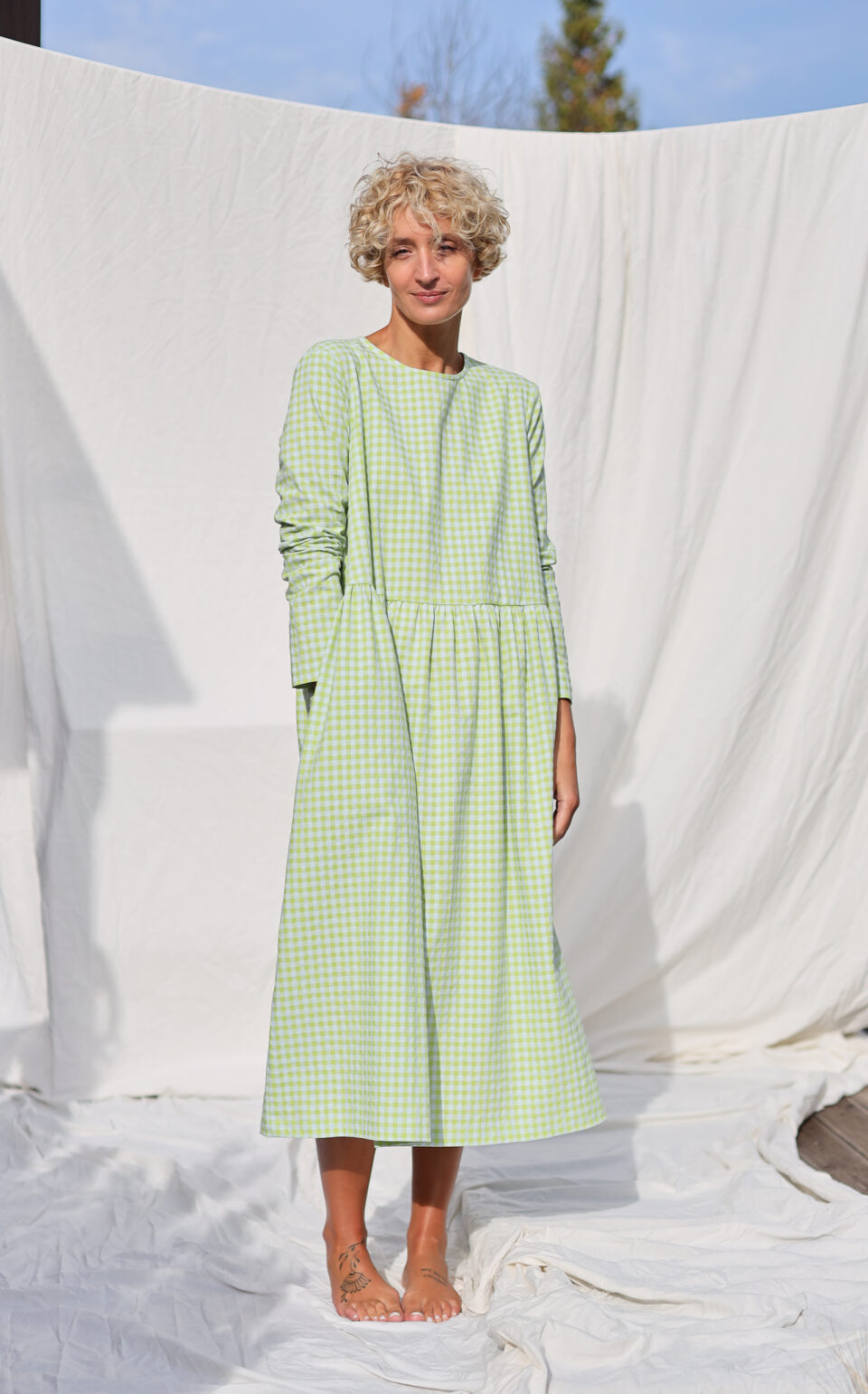Loose long sleeve gingham dress MILANA | Dress | Sustainable clothing | OffOn clothing