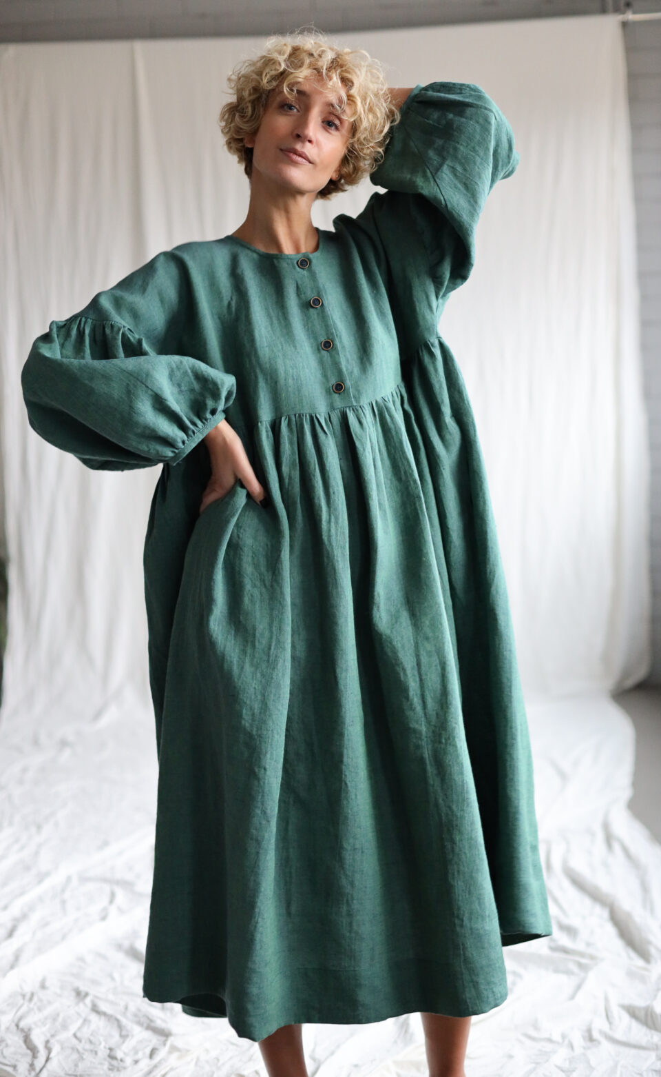 Oversized voluminous sleeves linen dress GRETA | Dress | Sustainable clothing | OffOn clothing