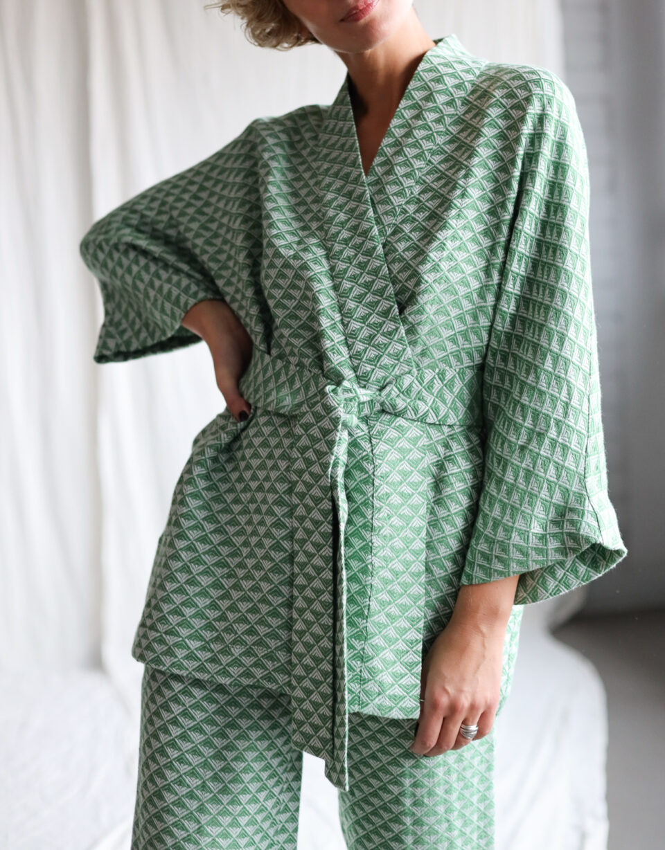 Jacquard linen geometric pattern kimono style jacket | Jacket | Sustainable clothing | OffOn clothing
