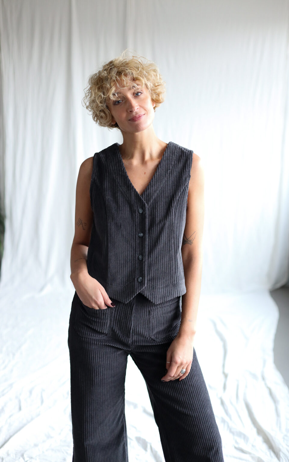 Charcoal grey wide wale cord vest | Vest | Sustainable clothing | OffOn clothing