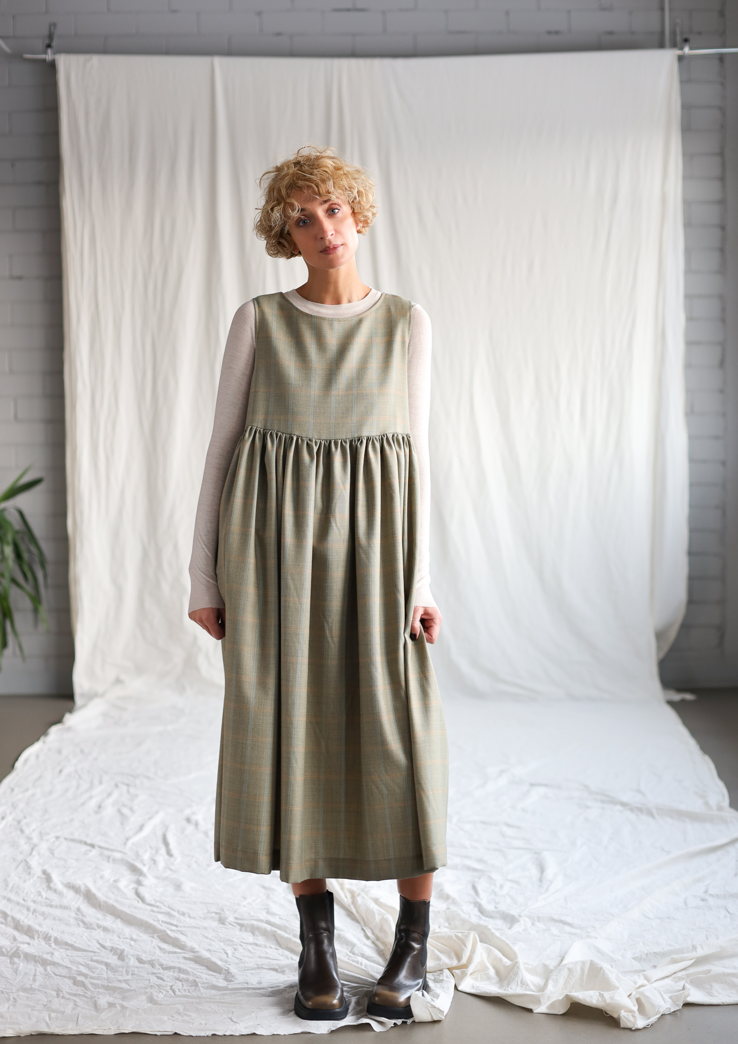 Women Blue Midi Linen Pinafore Dress 3844
