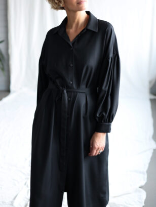 Black wool shirt dress with dropped puffy sleeves | Dress | Sustainable clothing | OffOn clothing