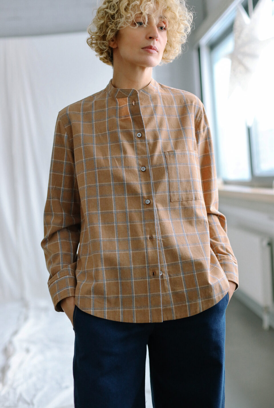 Mandarin collar plaid brushed cotton shirt REINE | Shirt | Sustainable clothing | OffOn clothing