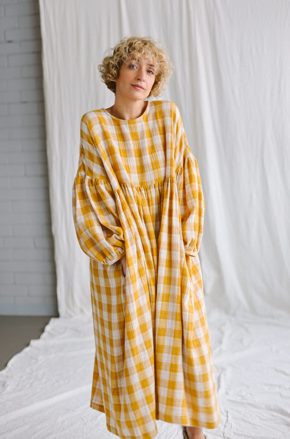 Mustard checks oversized double gauze dress GRETA | Dress | Sustainable clothing | OffOn clothing