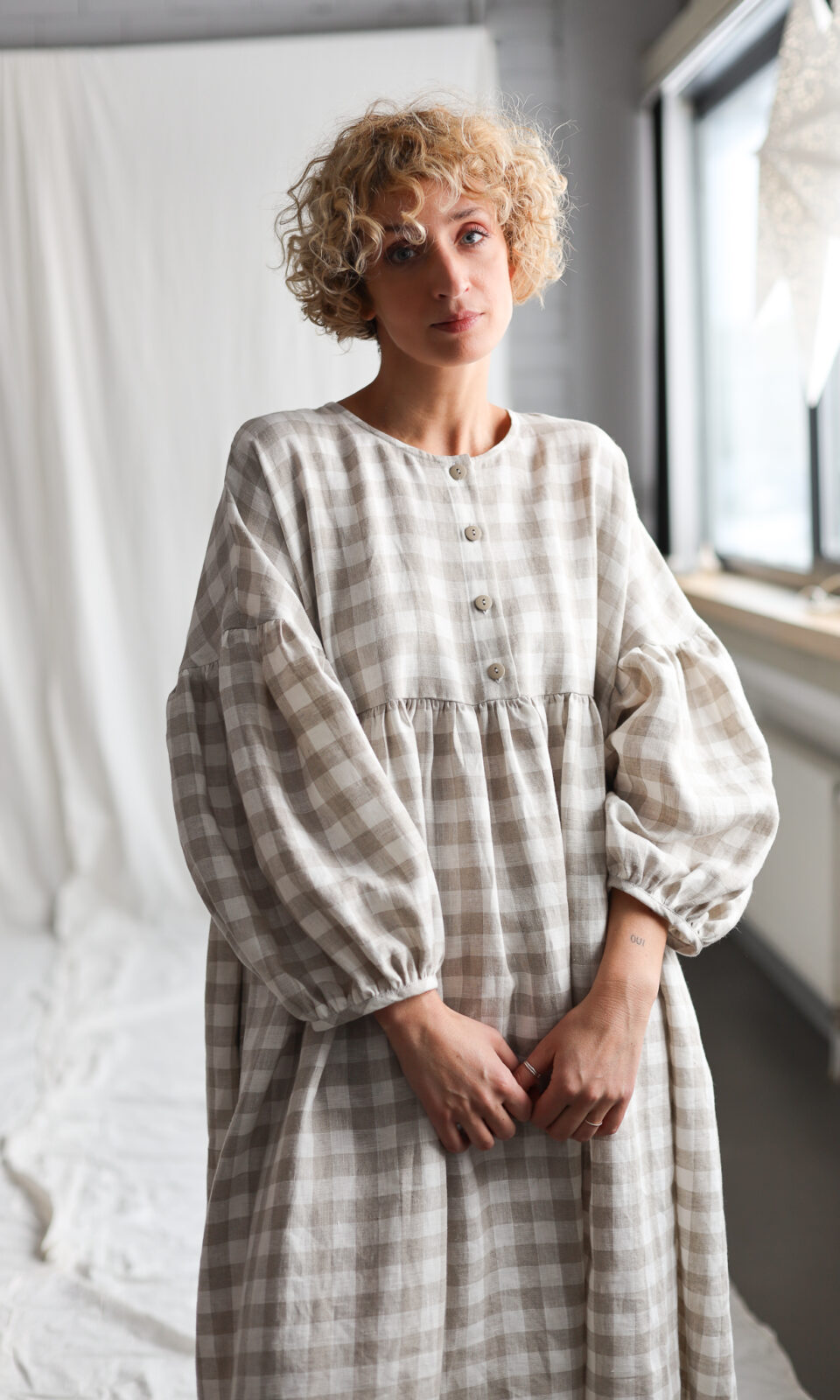 Checkered linen oversized voluminous sleeves dress GRETA | Dress | Sustainable clothing | OffOn clothing