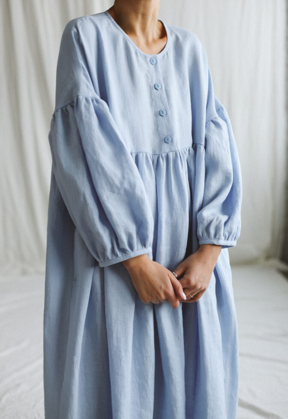 Sky Blue linen oversized voluminous sleeves dress GRETA | Dress | Sustainable clothing | OffOn clothing